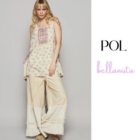 T467 POL Lavender Cream Floral Plaid Long Tunic Top - Picture 2 of 5